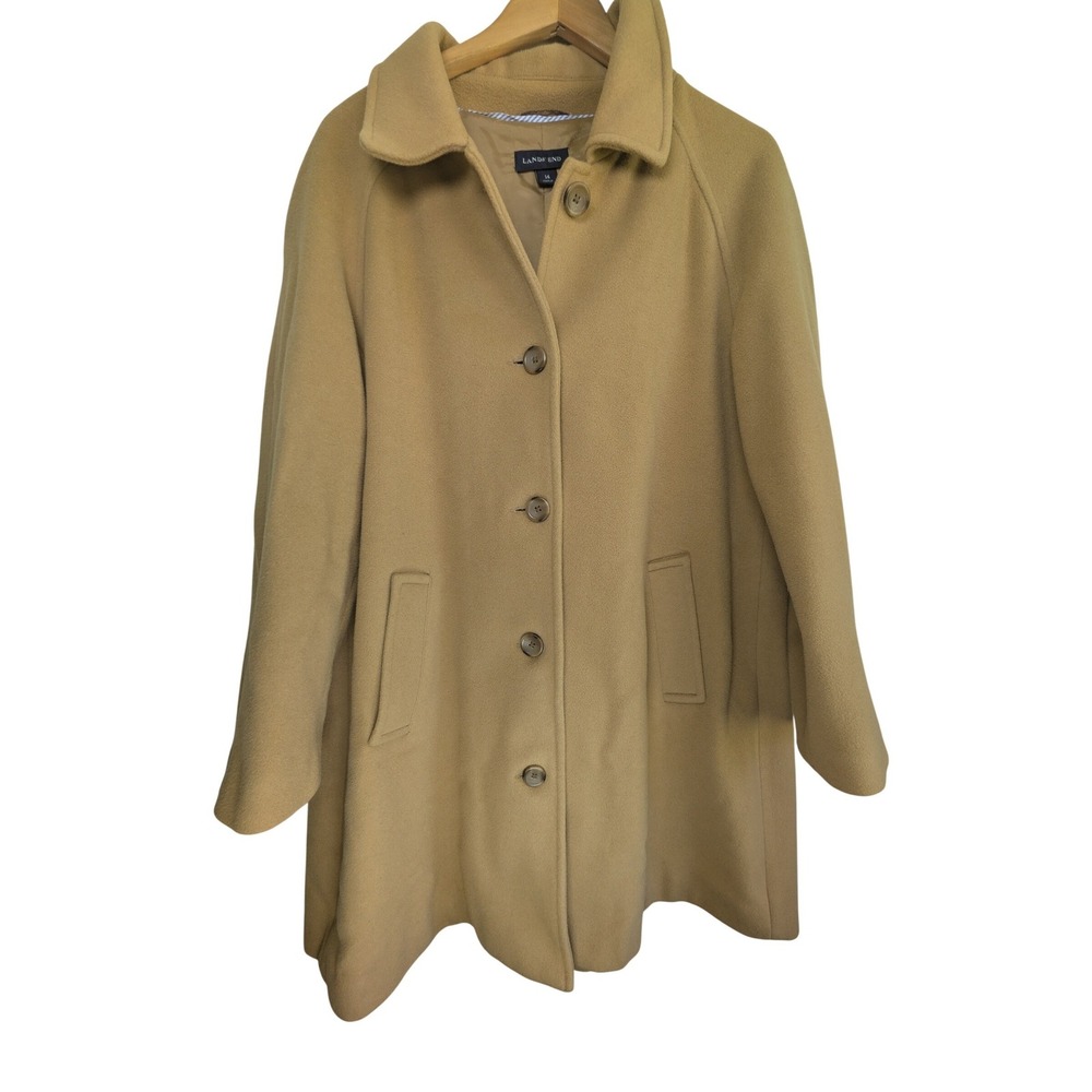 Lands End Swing Coat Womens 14 Camel Tan Wool Cashmere Minimalist Quiet Luxury